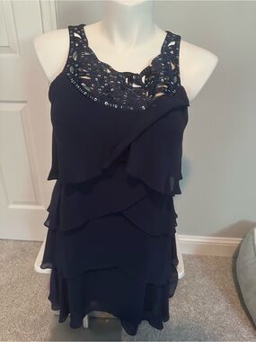 SLNY Navy Blue Layered Chiffon Dress with Laser-Cut Neckline